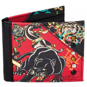 Ed Hardy Men's Panther Bifold Red Wallet With Rivet Studs